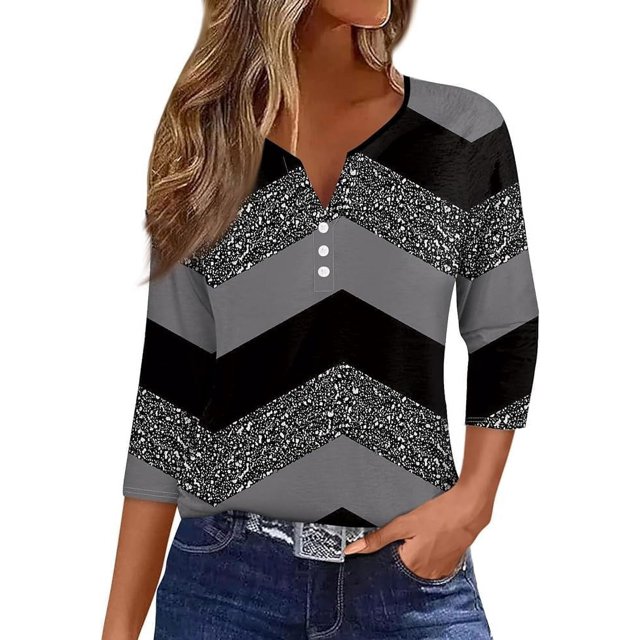 Generic Womens Summer Tops 3/4 Length Sleeve Button Down Shirts Henley V Neck Striped Blouses Plus Size Trendy Comfy Tees