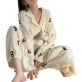 thumbnail image 2 of Ropa de dormir de 2 piezas con cuello vuelto, transpirable, elegante, suave, de manga larga para mujer, ropa de dormir para verano, letras geométricas de albaricoque M, 2 of 8