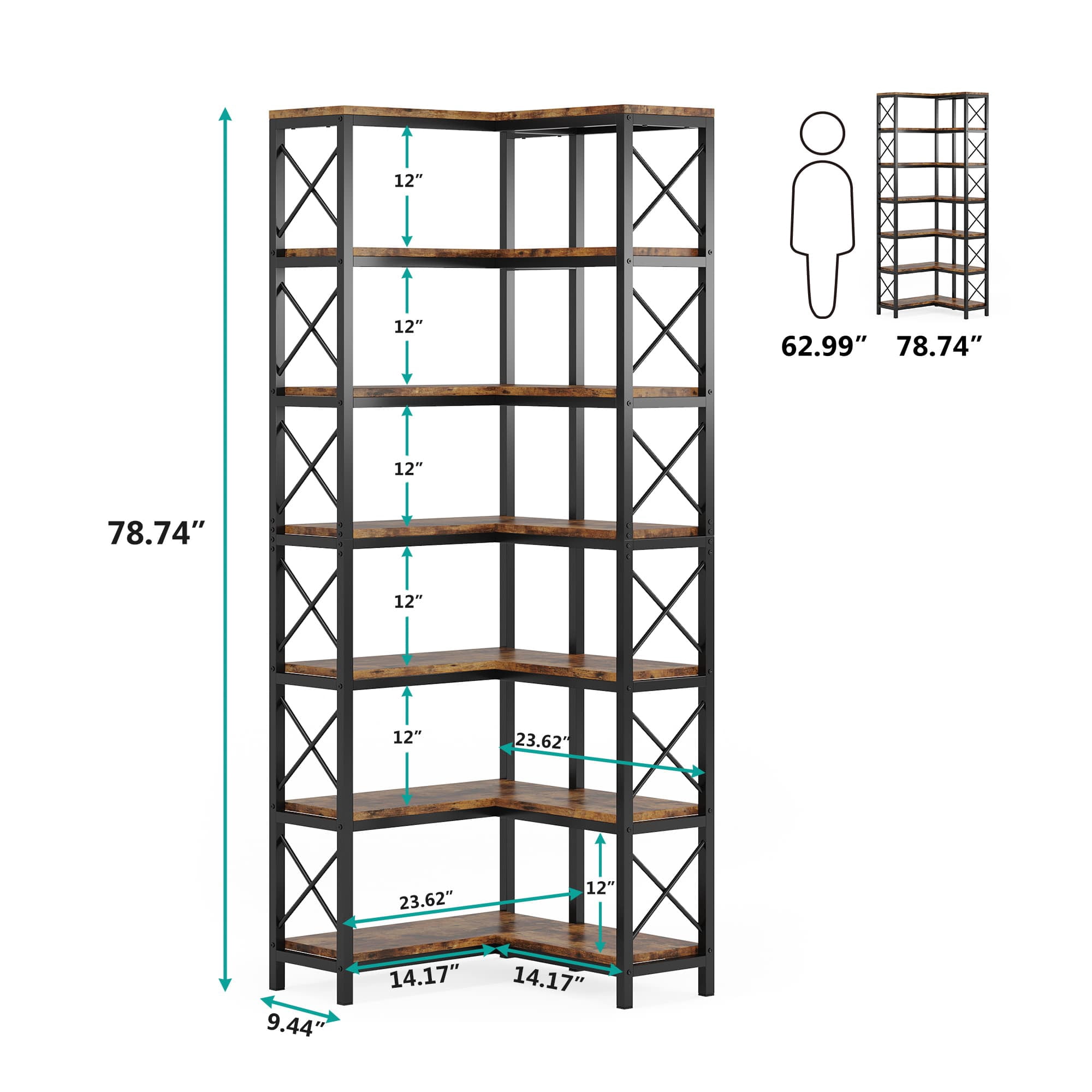 MAYEERTY Industrial 7-Tier Corner Bookcase with X-Shaped Support Bars, 14 Open Display Storage Shelves