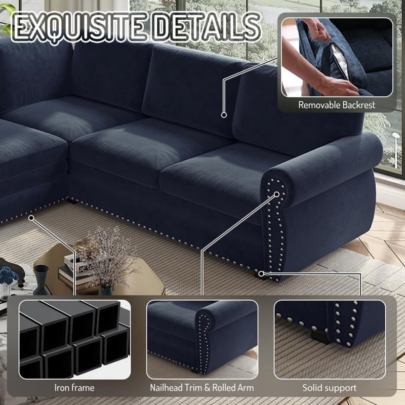 118" L-Shaped Convertible Sleeper Couch Bed, Chenille Upholstered Sectional Sofa with Pull-Out Sofa Bed, Modern Chesterfield Sofa for Living Room