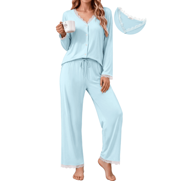 UVN Womens Pajama Sets Fall Long Sleeve Button Down Tops and Pants 2 Piece Outfits Ladies Lace Sleepwear Soft Pjs Lounge Sets