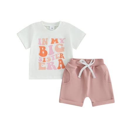 

Wallarenear Toddler Girls Summer Outfits Letters Print T-shirt Tops Elastic Waist Shorts Pink 0-6 Months