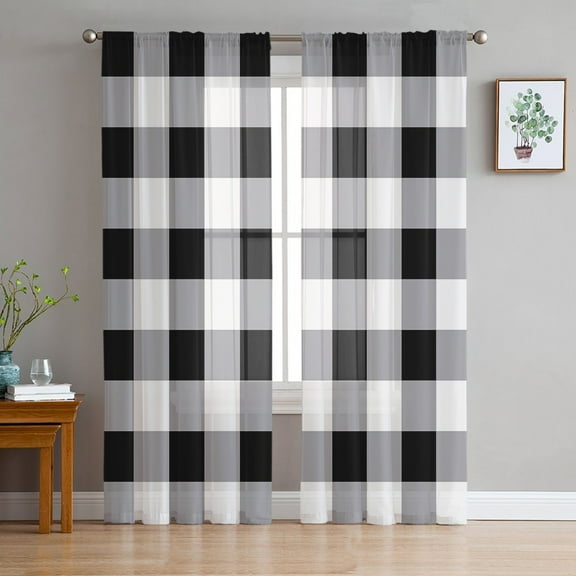 Vintage Farmhouse Semi Sheer Curtains 84 Inch Length 2 Panels Set, Black and White Checkered Sheer Kitchen Curtain Privacy Voile Window Curtain for Living Room Bedroom Rod Pocket Drapes
