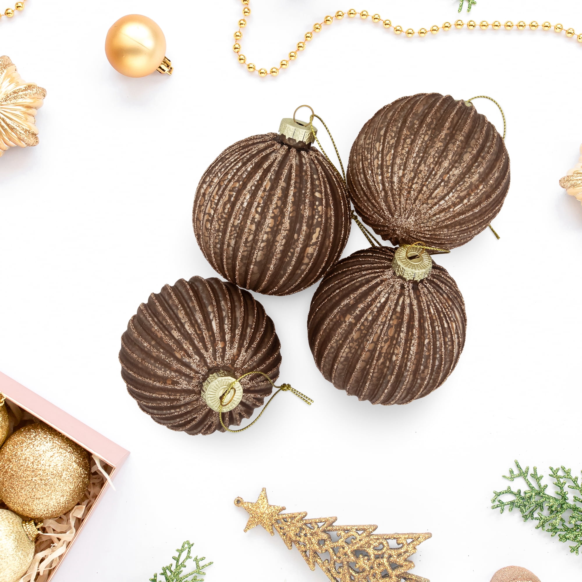 4ct Champagne and Chocolate Glittered Glass Ball Christmas Ornaments 3" (80mm)