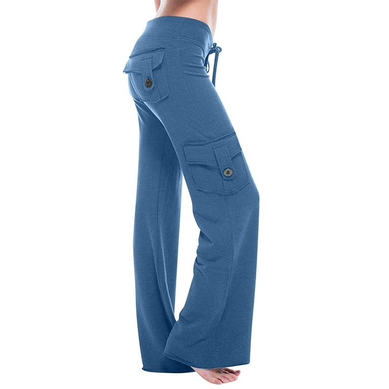 Dezsed Womens Cargo Pants Workout Out Leggings Stretch Waist Button Pocket  Yoga Gym Loose Pants Wide Leg Yoga Pants For Women Blue M Clearance Sale