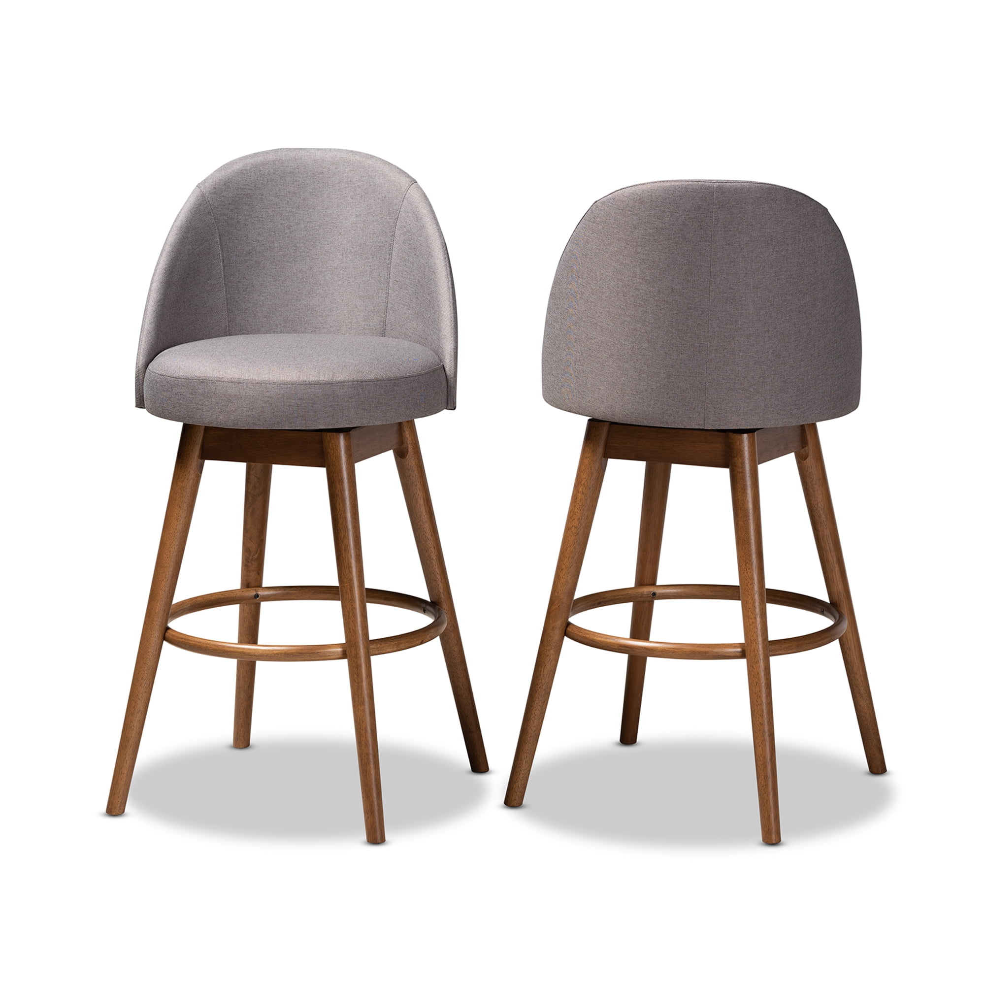 Set of 2 Baxton Studio Carra Mid-Century Modern Grey Fabric Upholstered Walnut-Finished Wood Swivel Bar Stool Set