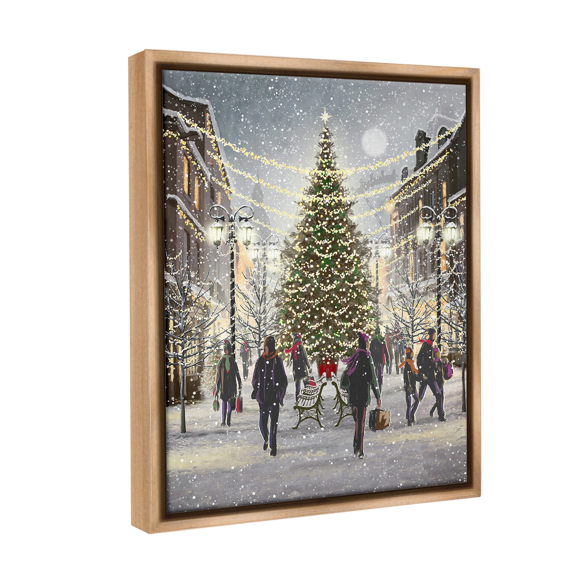 Stupell Industries Town Christmas Tree Holiday Painting Brown Floater Framed Canvas Art Print Wall Art, 17 x 21