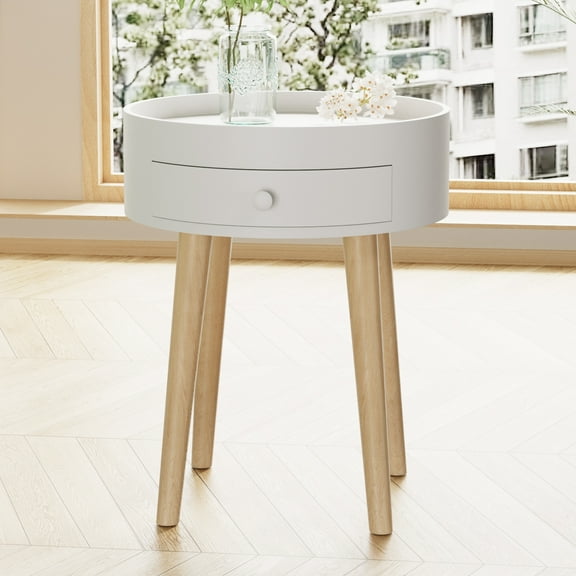 Yardi Yard White Nightand Bedside Table with Storage Drawer, Modern Sofa End Side Table for Living Room