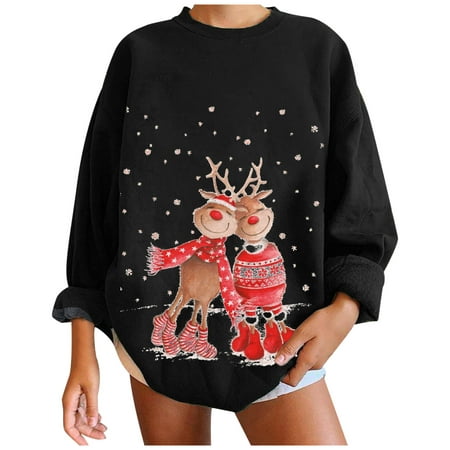 

Women s Sweatshirt Casual Long Sleeve Reindeer Print Pullover Winter Crewneck Shirt Loose Blouse