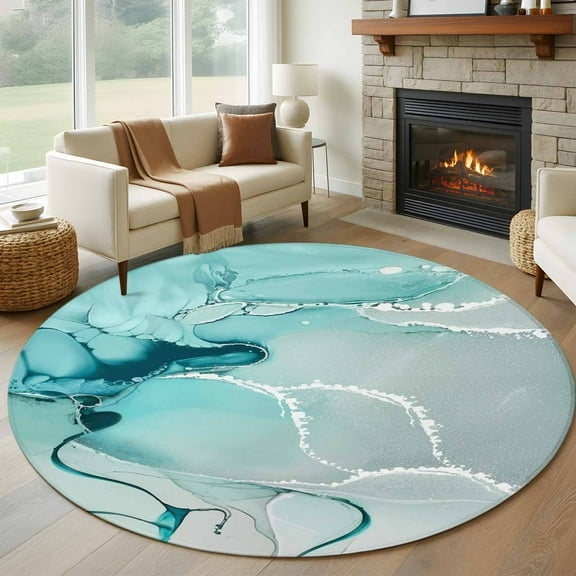 Aqua Marble Round Area Rug 5 FT, Non Slip Bedroom Area Rug, Modern Abstract Gradient Water Fluid Art Washable Soft Circular Carpet Non-Shedding Floor Mat for Kitchen Dining Room Foyer Balcony Dorm