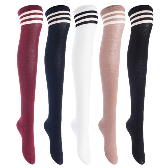 5 Pairs Awesome Durable Women Thigh High Cotton Boot Socks. Perfect As Winter & Spring Socks Size 6-9 Black, Khaki, White, Navy, Wine T1022-5c8