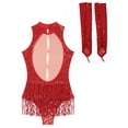 thumbnail image 6 of iiniim Women's Sequins Salsa Tango Jazz Dance Bodysuit with Gloves Tassels Ballroom Leotard Jumpsuit Red M, 6 of 7