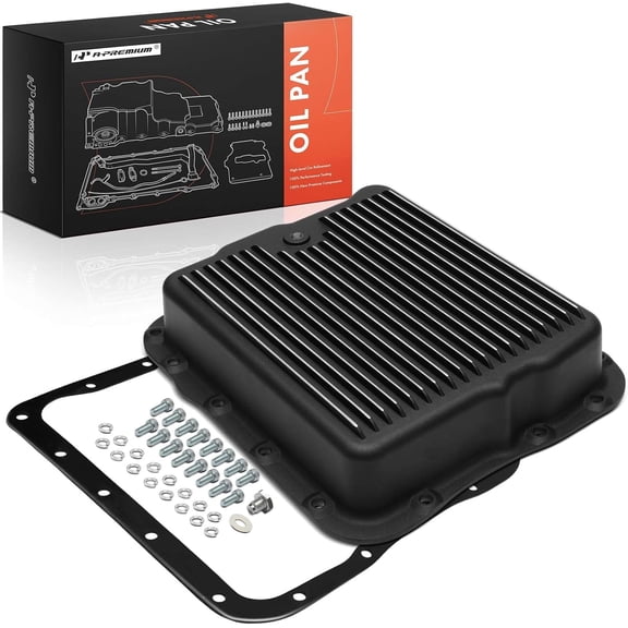A-Premium Plated Finned Aluminum Transmission Oil Pan, with Drain Plug, Bolts and Gasket, Compatible with GM 700R4 4L60 4L60E, 2-5/8" Pan Depth