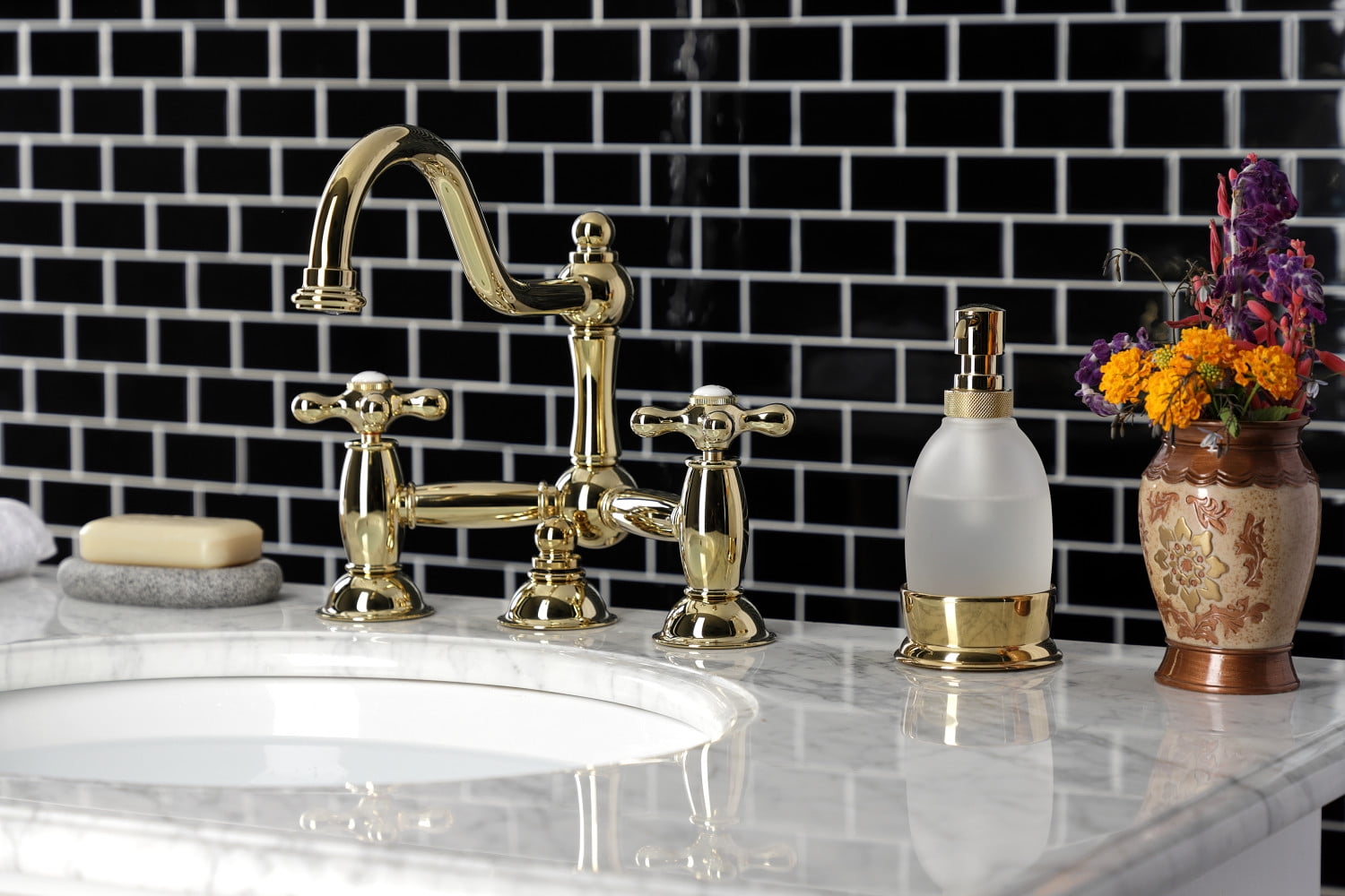 Kingston Brass KS3912AX Restoration Bathroom Bridge Mounted Faucet, Polished Brass