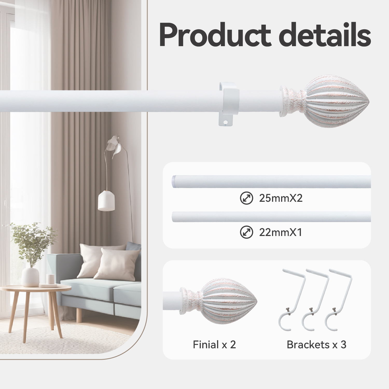 3/4 Inch Standard Decorative Window Curtain Rod, 48-84" Adjustable Length for Windows