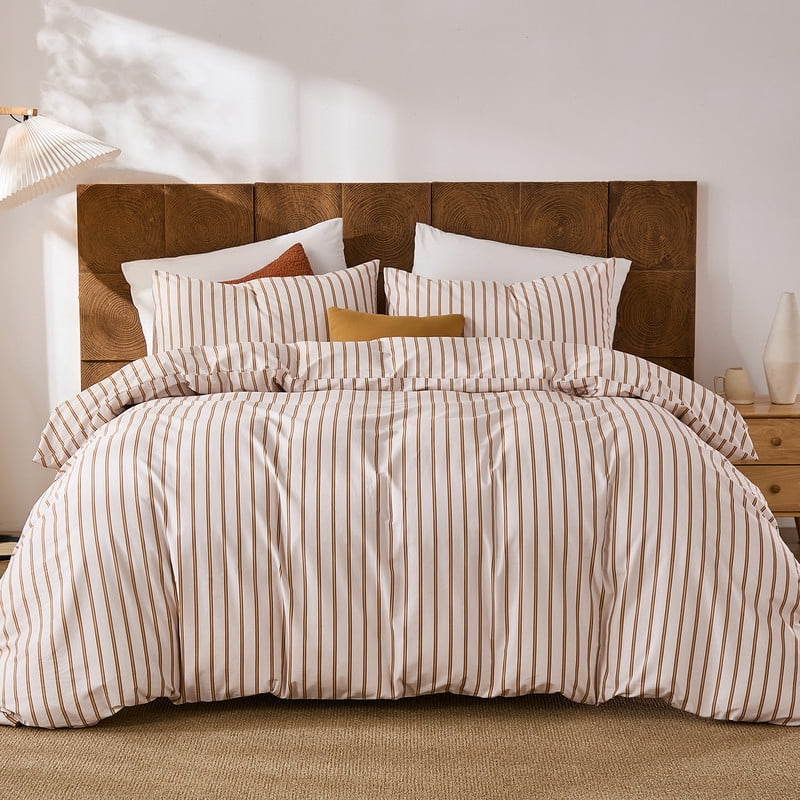 Beige and Terracotta Striped Duvet Cover Set King Size, 100% Cotton Duvet Cover Set with 2 Pillowcases, Soft and Breathable natural cotton bedding Set for All Seasons