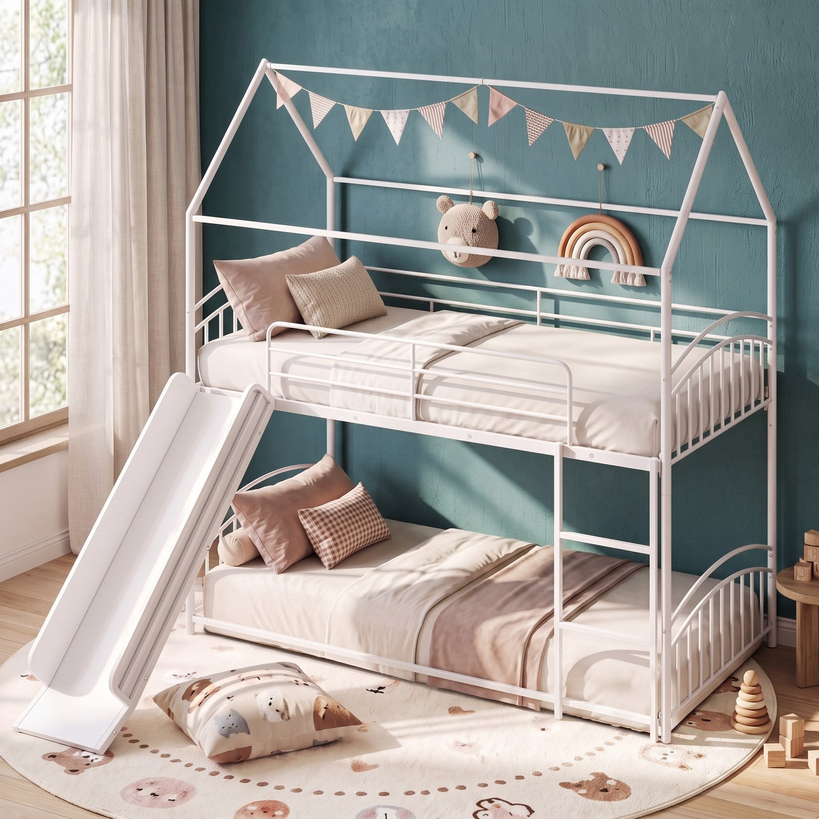 Furnibear Twin Over Twin House Bunk Bed with Slide Ladder and Heavy-duty Metal Slats for Kids and Shared Bedrooms, White
