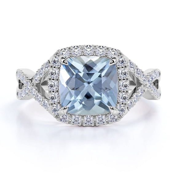 JeenMata Beautiful Infinity Pave 1.2 TCW Cushion Cut Lab Created Aquamarine and Moissanite Halo Prong Engagement Ring in 18K White Gold Plating over Silver