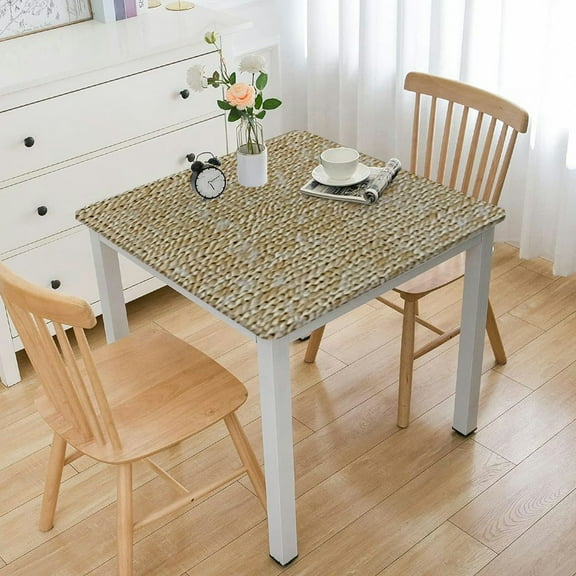 BANET Square Vinyl Fitted Tablecloth with Flannel Backing Elastic Edge Square Table Cover - Rope Weaving - Waterproof Table Cloth Stain-Resistant Wipeable for Square Table white