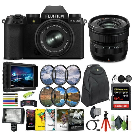 FUJIFILM X-S20 Mirrorless Camera With 15-45mm And XF 8mm f/3.5 R WR Lenses, 64GB Memory Card, 4K Monitor, LED Light, Filter Set, Corel Editing Software, Tripod, Ideal Vlogging Camera Kit (17pc Bundle)
