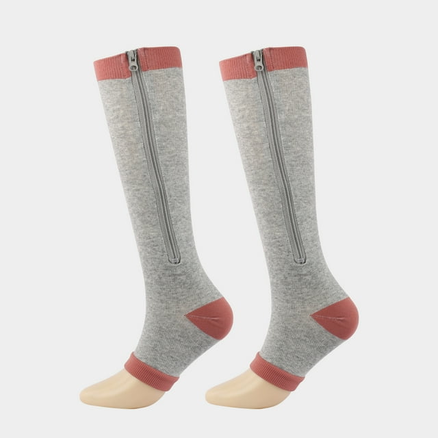 Unisex Open-Toe Compression Socks with Zipper Closure, 15-20 mmHg Graduated Pressure for Men & Women, Breathable Moisture-Wicking Fabric, Easy On/Off Design, Reinforced Seams, Gray, Size XXL