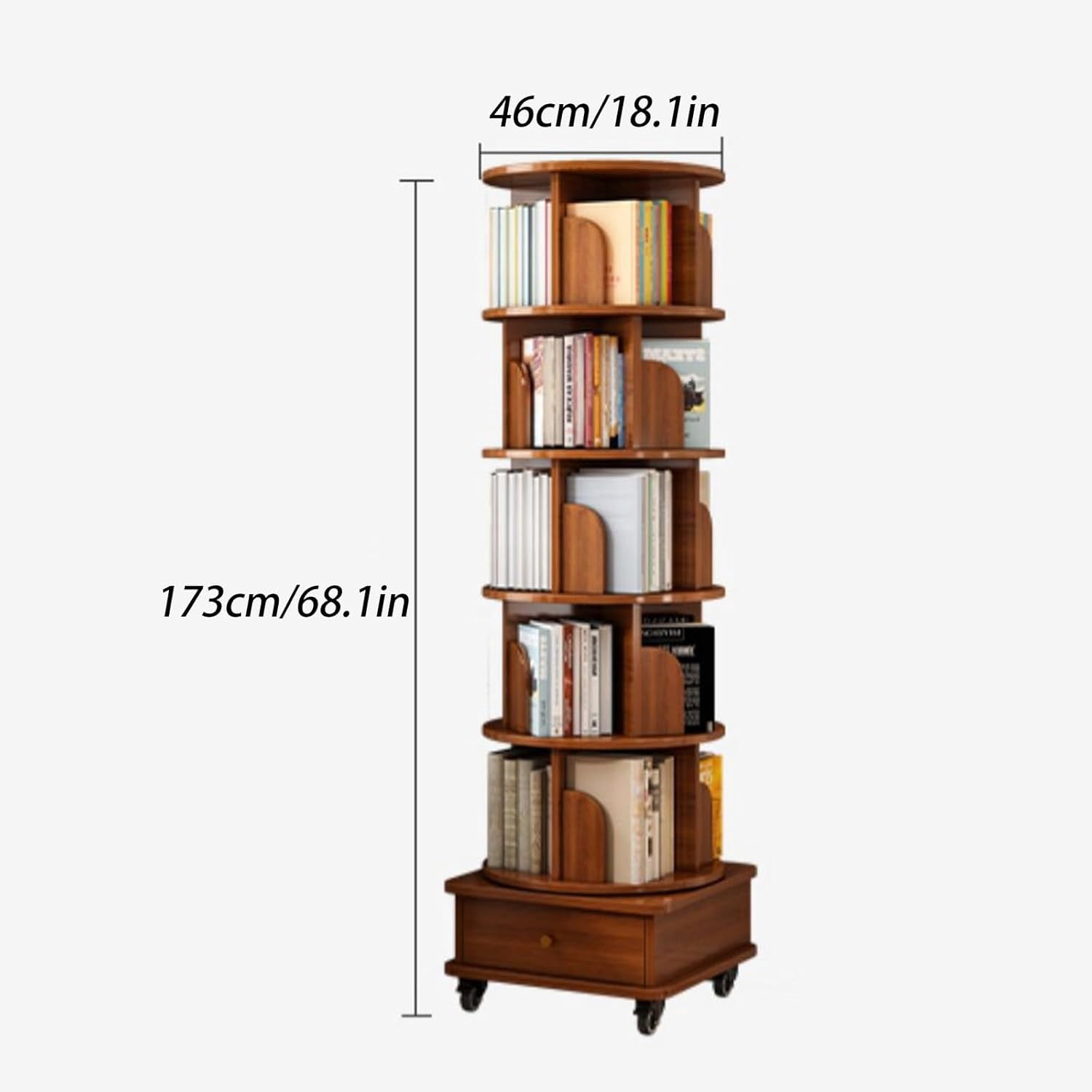 Rotating Bookshelf, 360° Display Round Rolling Bookshelf with Wheels and Drawer, Space-Saving, Small Space Rotating Bookshelf Tower for Bedroom, Living Room, Home, Office, Rustic Brown