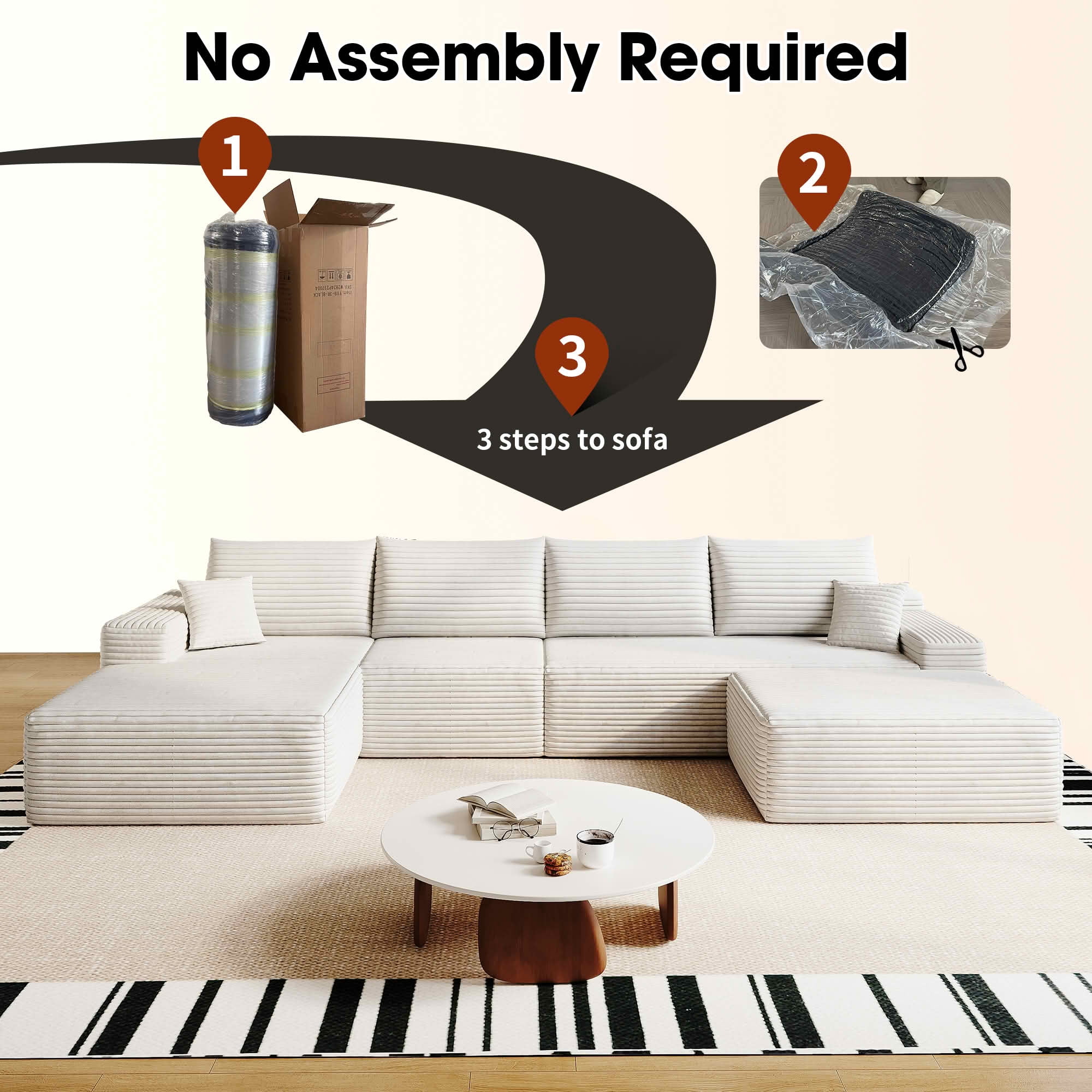MAYEERTY 135" Cloud Sectional Sofa with Ottoman, U Shaped Deep Seat Couch, Plush Corduroy Fabric, No Assembly Required, Black&White