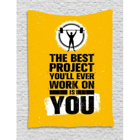 Fitness Tapestry, The Best Project is You Phrase with Weightlifter Fit Body Concept, Wall Hanging for Bedroom Living Room Dorm Decor, 60W X 80L Inches, Marigold Dark Blue White, by