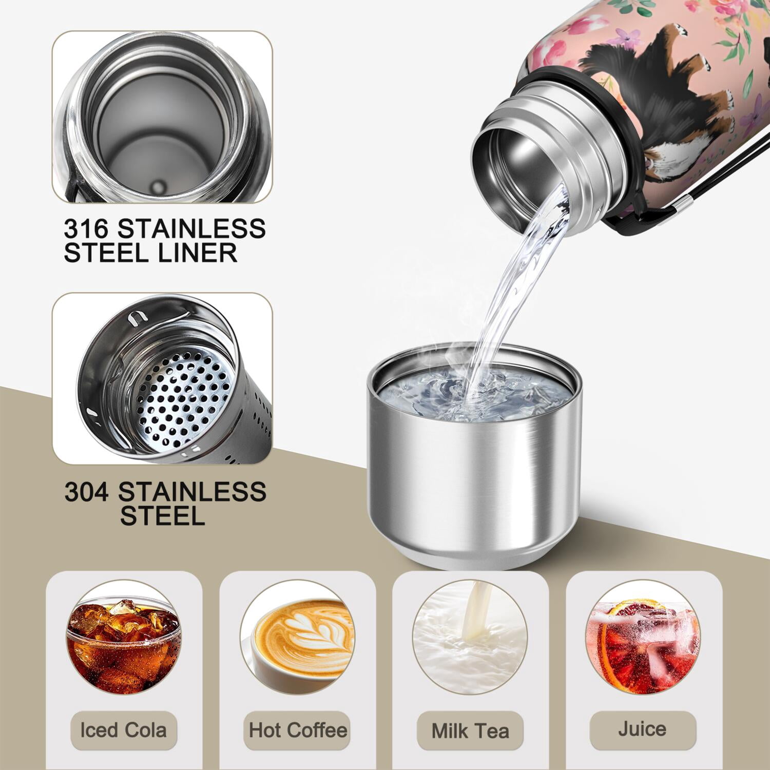 20 Oz Bernese Mountain Dogs with Flowers Coffee Tumbler Double Wall Insulated Stainless Steel Water Bottle | Metal Reusable Thermoses Flask with Cup Cap | Leak & Sweat Proof with Anti-Dust Lid