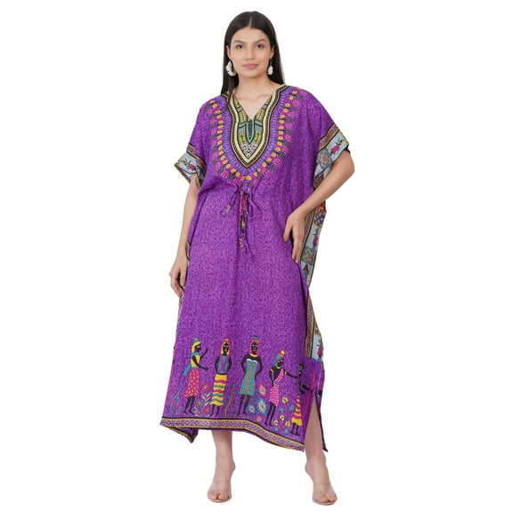 Women's Kaftan Dress Beach Cover Up Tribal Ethnic Print Plus Size Loose Kimono Maxi Dress - Color Purple African