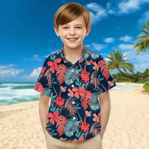 Oksale Hawaiian Shirts for Boys 14-16 Funny Palm Tree Printed Shirt Casual Short Sleeve Beach Tops Lightweight Button Down School Shirts for Kids 2-15 Years