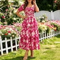thumbnail image 5 of Women's Puff Sleeve Summer Vacation Maxi Dress, Boho Floral Print Square Neck Layered Wedding Guest Beach Dresses, 5 of 8