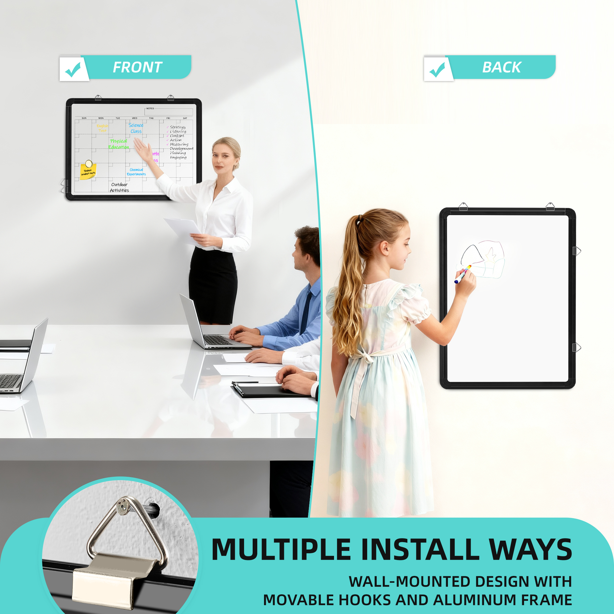 Elevon Monthly Dry Erase Calendar Whiteboard, 16" x 12" Double-Sided Wall-Mounted Whiteboard for Office, Desk, Kitchen, or Dorm Room Organization
