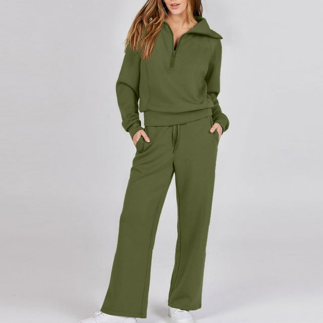 ICHUANYI Clearance Women's Pure Color Long Sleeved Sweater Casual Two-piece Long Sleeved Hooded Suit(Army Green, L) ICHUANYI WER2023081506058