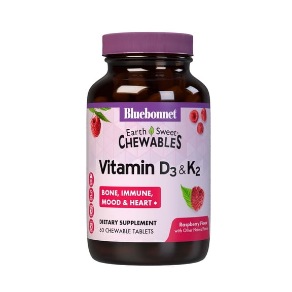 Bluebonnet Vitamin D3 & K2 EarthSweet Chewables, Immune, Mood & Heart*, Raspberry 60 Days