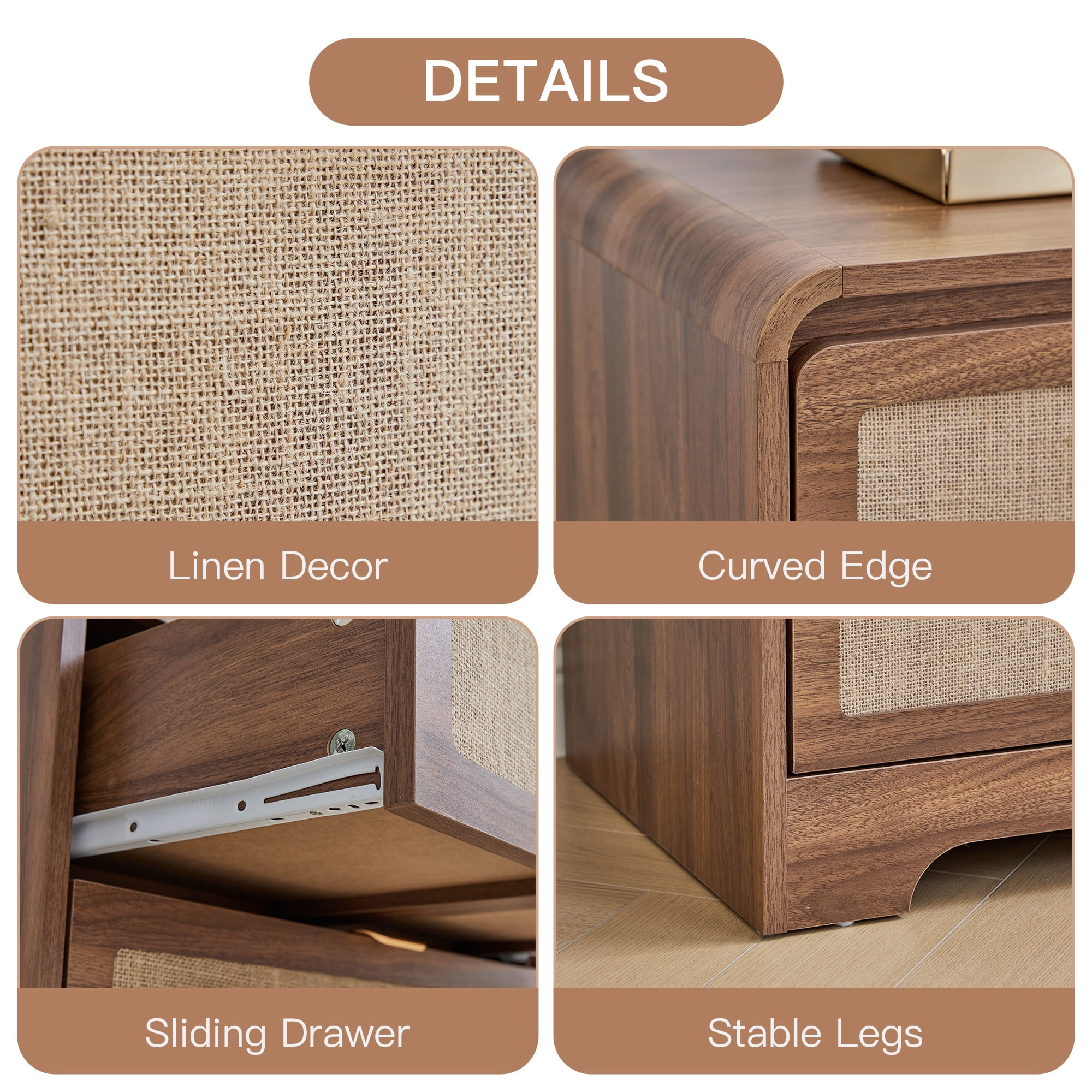 Wirrytor 6 Drawer Rattan Bedroom Dresser, Boho Double Chest of Drawers with Curved Edge, Wood Closet Storage Organizer, Walnut