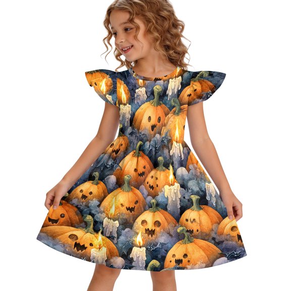 Girls Summer Dress Halloween Ghost Pumpkin Flutter Sleeve Swing Dress Casual Halloween Outfit for Kids Ages 6–14