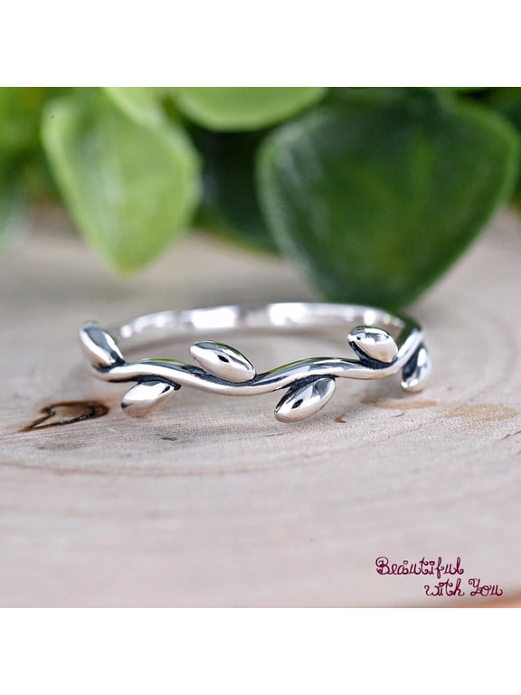 Silver Leaf Ring, Adjustable Wavy Laurel Wreath Fern Band Fashion Jewelry