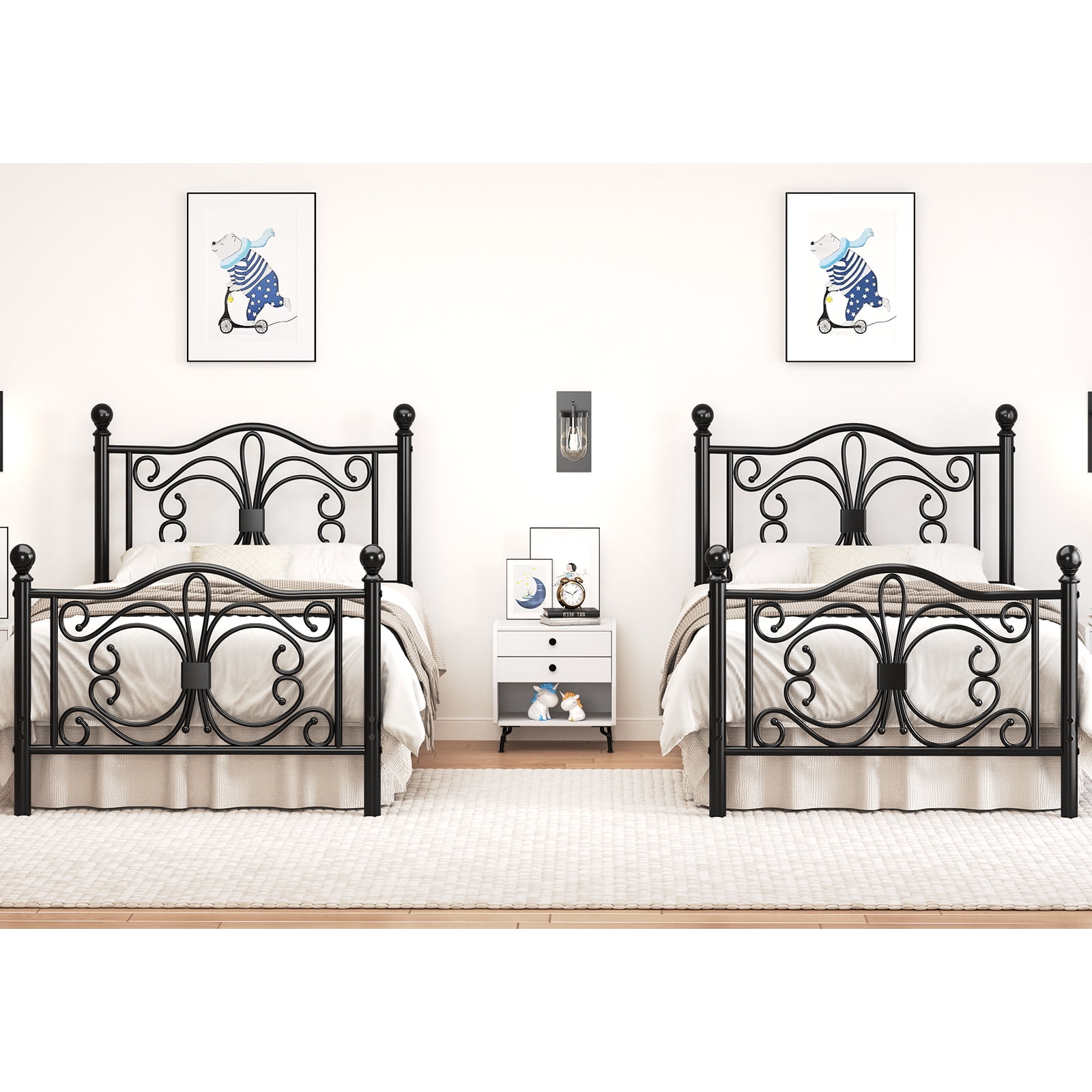 E-motie Metal Platform Bed Frame Twin Size with Butterfly Pattern Vintage Headboard & Footboard, Underbed Storage, Black