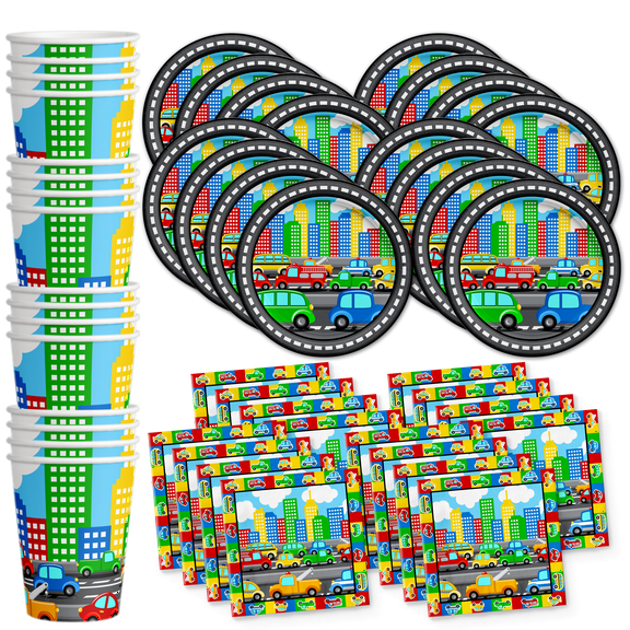 Cars and Trucks Birthday Party Supplies - Car Birthday Supplies for Boys - Little Cars Birthday Supplies for Toddlers | Tableware Set Includes Plates, Napkins and Cups | Kit for 16