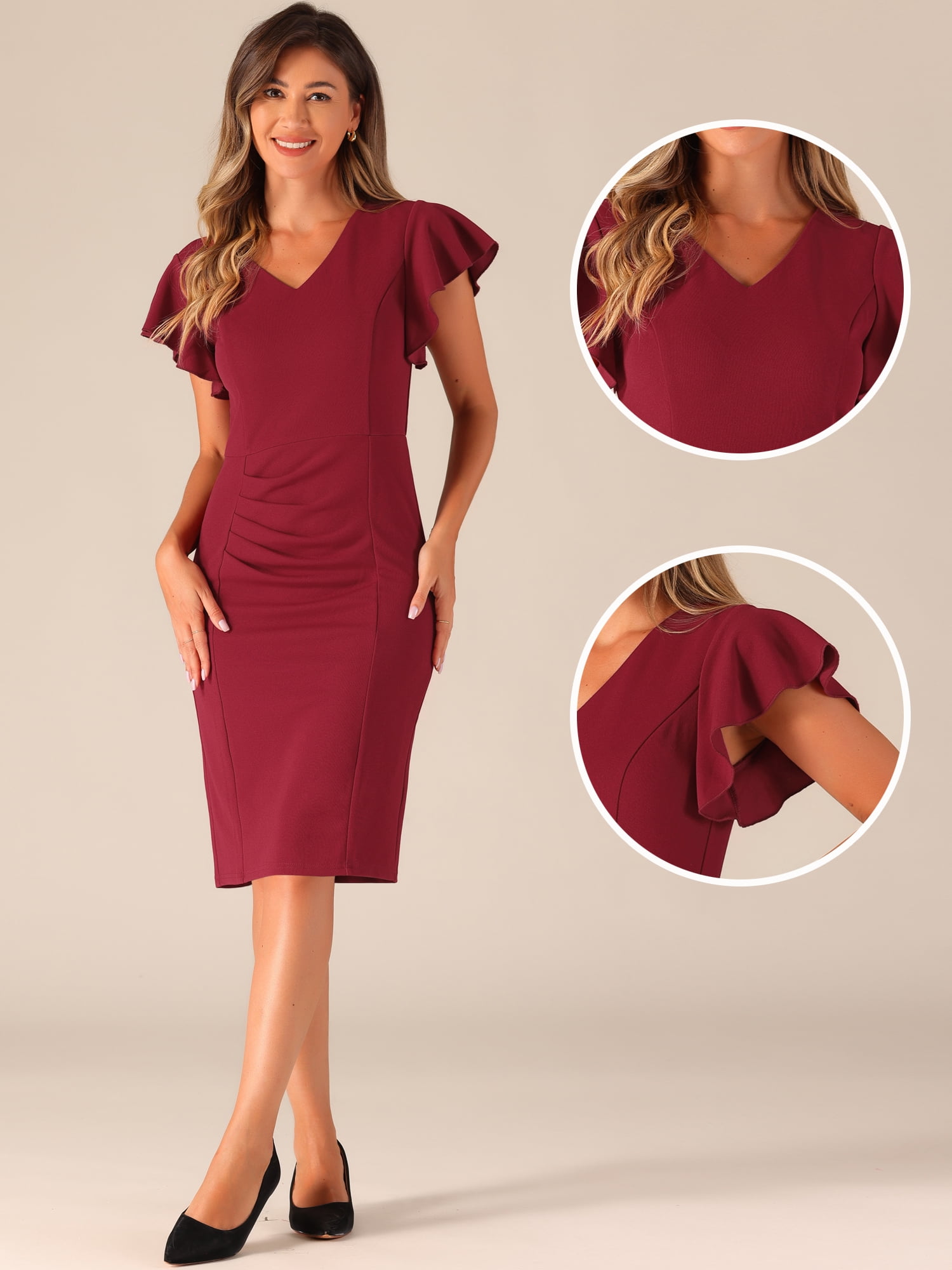 DARING DIVA Women's Elegant Ruffle Sleeve V Neck Bodycon Dresses L Red