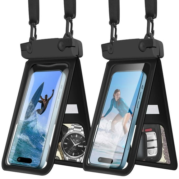 Waterproof Phone Pouch Floating, IPX8 Double Space Cell Phone Case for iPhone 15 14 13 Pro Max Plus Samsung Galaxy S23 S22 Ultra, Detachable Lanyard, Cruise Ship Essentials, 2 Pack(Black Black)