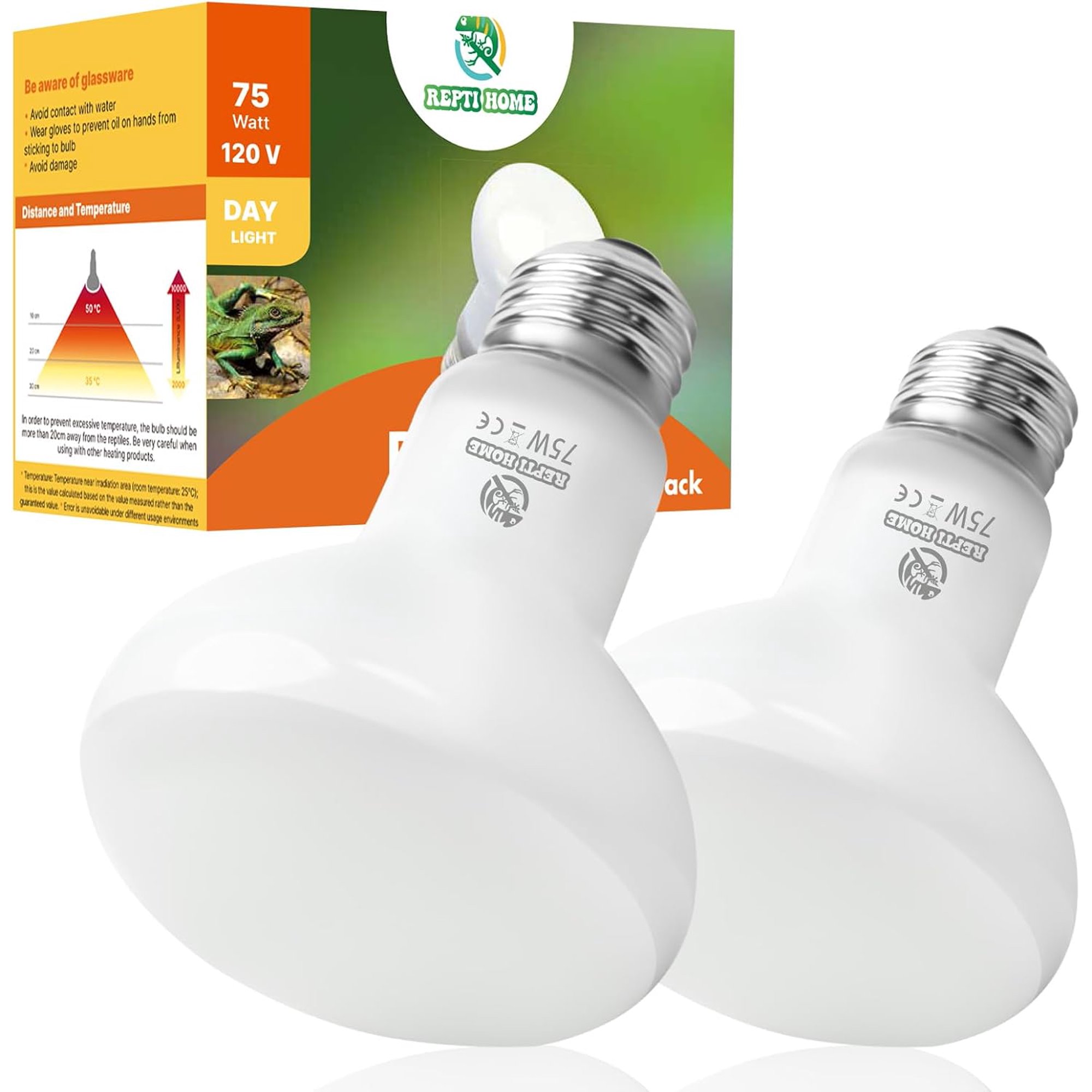 Reptile Heat Lamp Bulbs, Simulate Natural Sunlight Heat Light Bulb, 2 Pack 75W Amphibian Terrarium Basking Spot Lamp for Reptile, Bearded Dragon, Lizard, Turtle, Snake