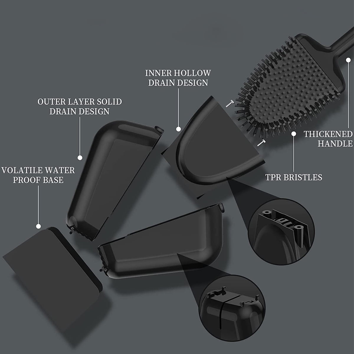 Bathroom Toilet Brush and Holder Set, Toilet Bowl Cleaner Bendable Tongue-shaped Silicone Brush Head Anti Splash Bristles, Self Closing Quick Drying Holder in Black