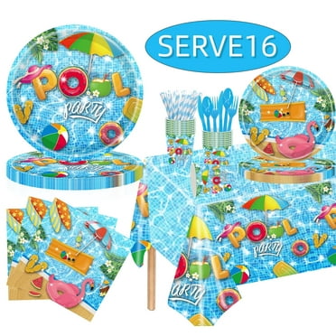 Summer Party Paper Plates Pool Party Tableware Set for Beach Hawaiian Party Favor Supplies Serve 16 Guests