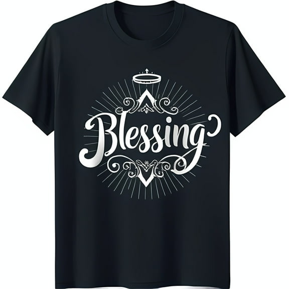 Black T-Shirt with Decorative Design & 'Blessing' in Cursive