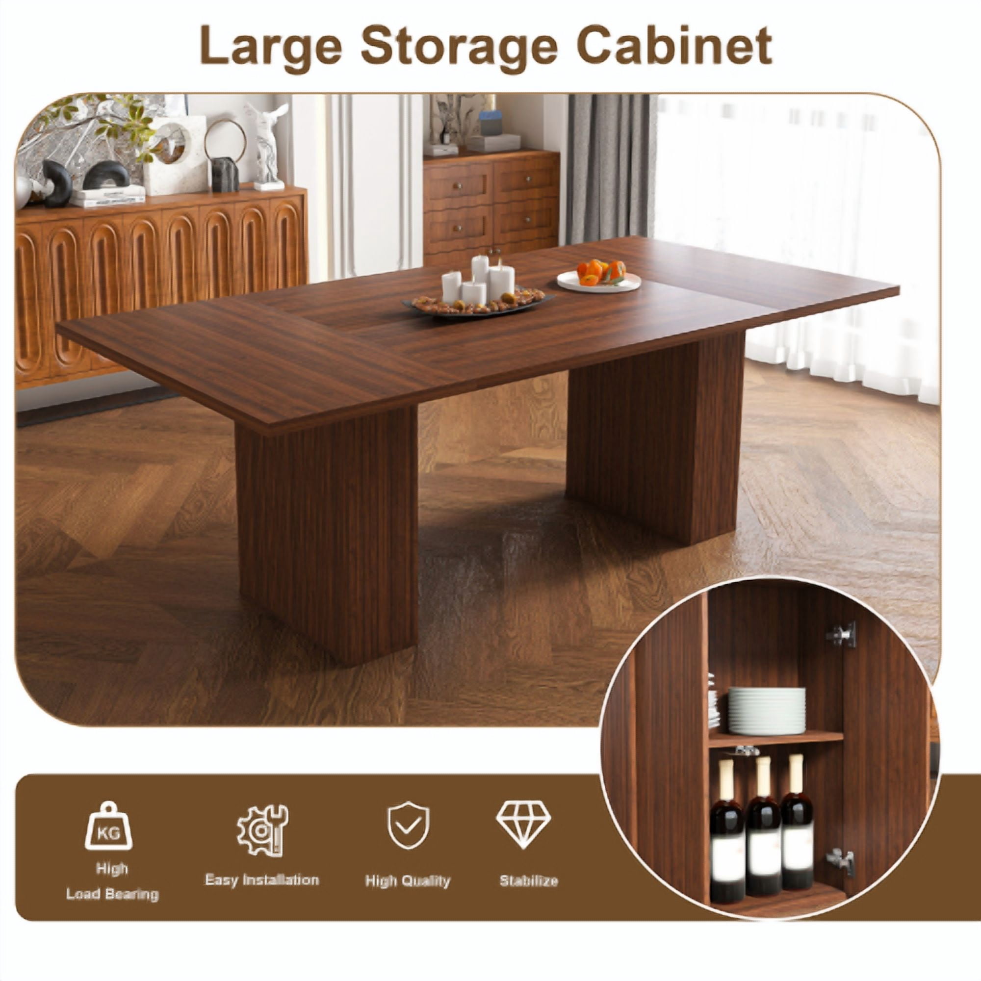 78 Inch Dining Table with Storage Base, Wood Veneer Rectangular MDF Farmhouse Table for 6, Modern Rustic Kitchen Table with Soft-Close Doors for Dining Room, Walnut