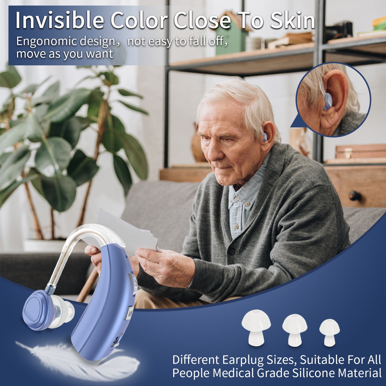 Delmicure Digital Hearing Aid for Seniors, Rechargeable, Single, VHP-1303, Blue