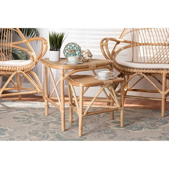 Baxton Studio Jayden Modern Bohemian Natural Brown Finished Rattan 2-Piece End Table Set