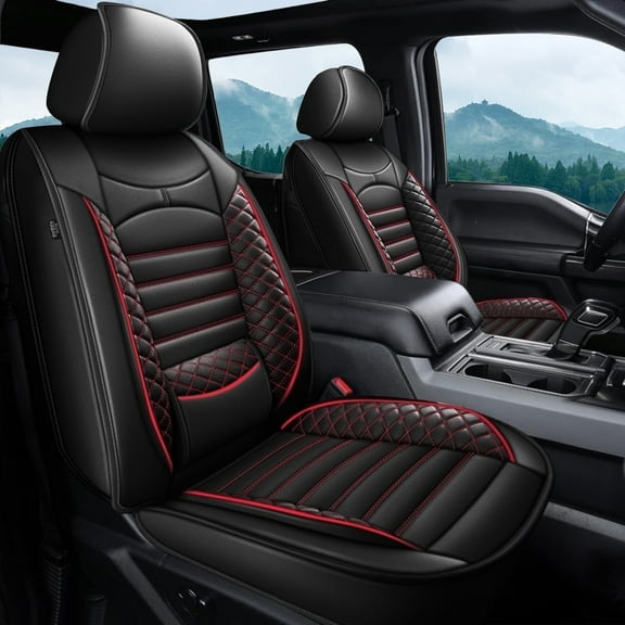 Custom Seat Covers for Ford F150 2009-2024 - 2025 F250/F350/F450 2017-2024 2025 : 5 Seat Full Set Faux Leather Truck Seat Covers (Black & Red)